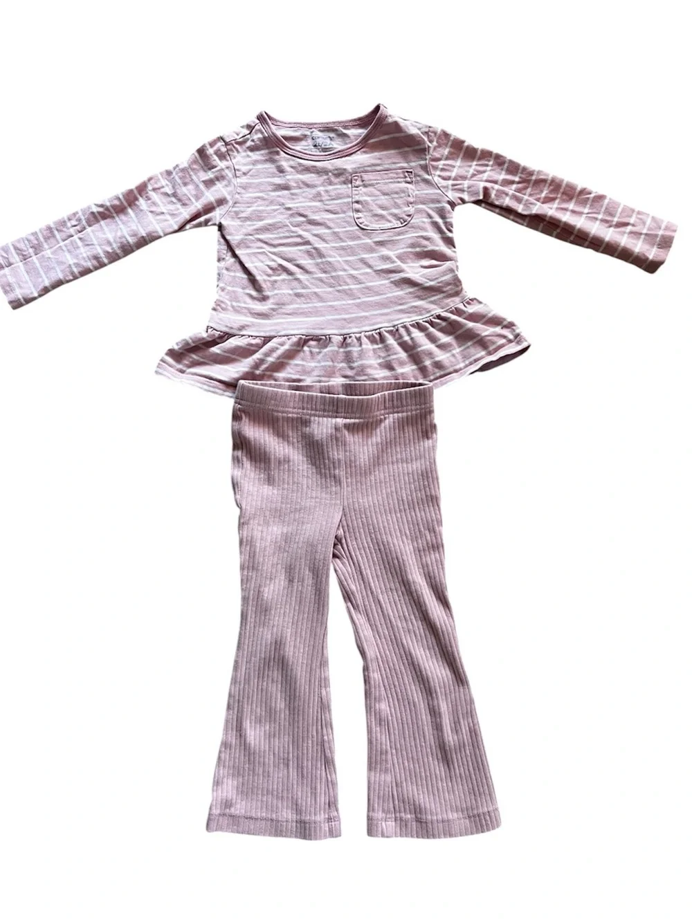 2T Cotton Pink Peplum Top with White Stripes and Pink Ribbed Flare Pants